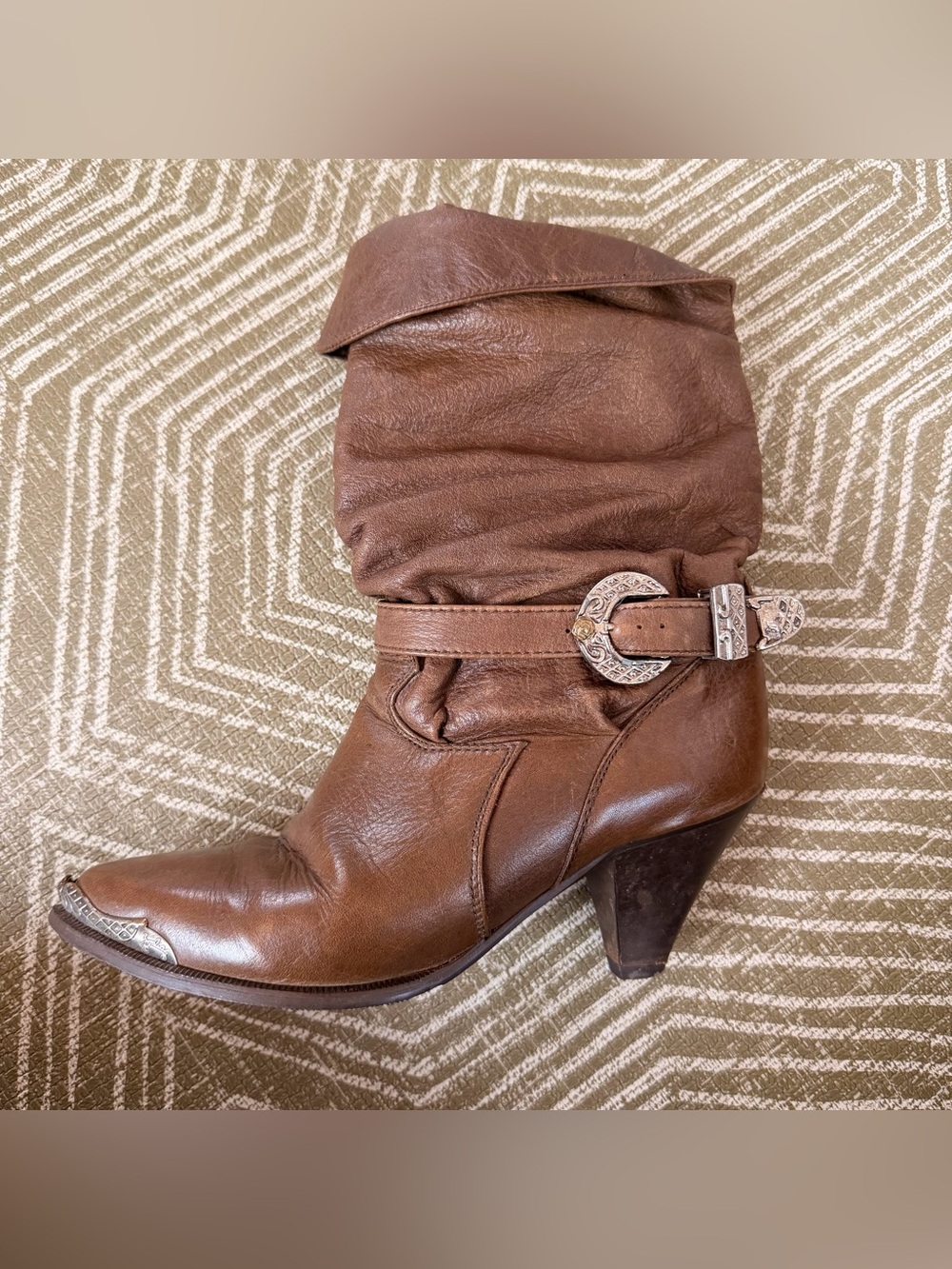 Vintage Zodiac Yugoslavia Brown Leather Western Slouch Boots Buckle Size 6.5